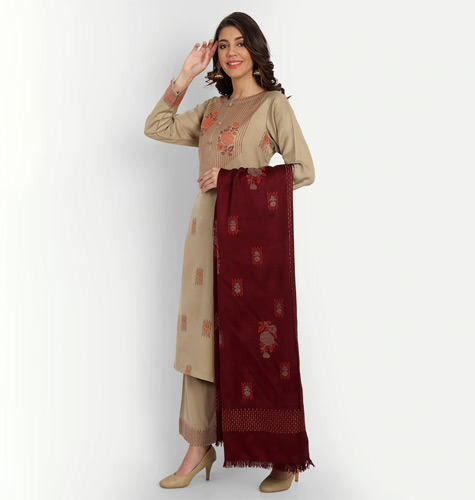 Beige & Maroon Unstitched Dress Material